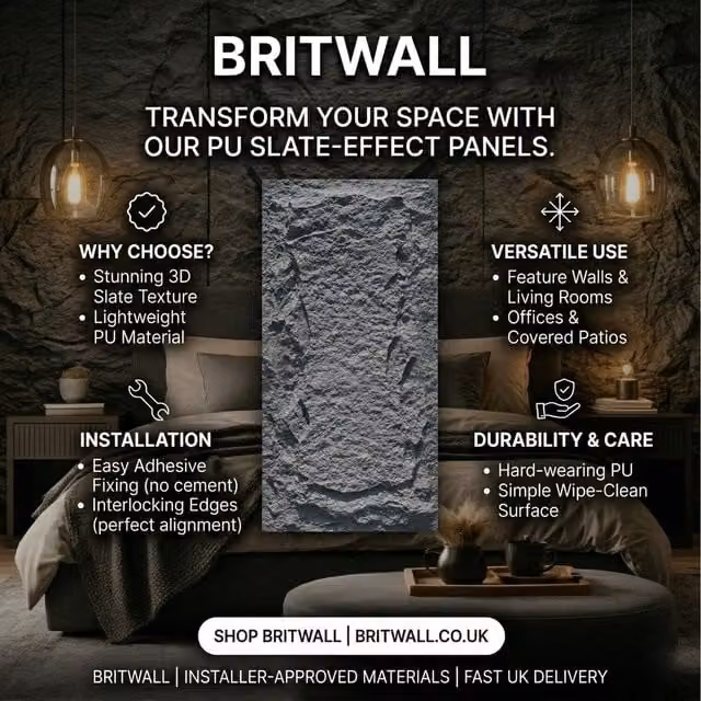 Britwall PU Lightweight Wall Panel in Black Slate Rock Style, W/D/H: 120 x 60 x 2 cm, 20 m²