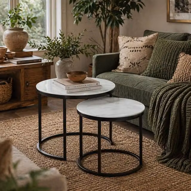 Wyld Haus Sosuri Set of 2 Round Nesting Tables with White Glass Tops and Metal Frames