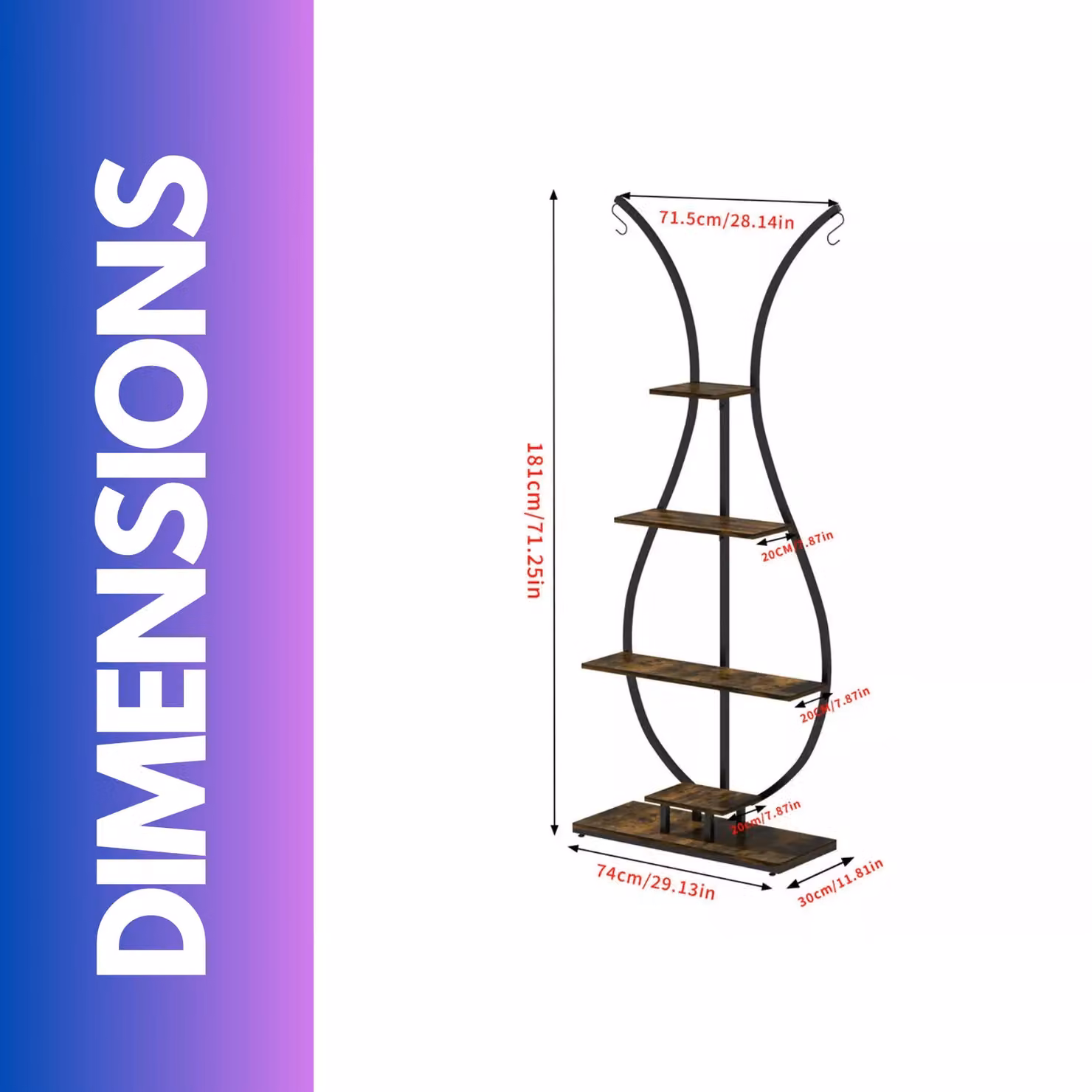 Pirlo Plush 5 Tier Vase Shaped Indoor Outdoor Plant Stand Organiser in Brown, H 181.0 x W 30.0 x D 5.0 cm – 3