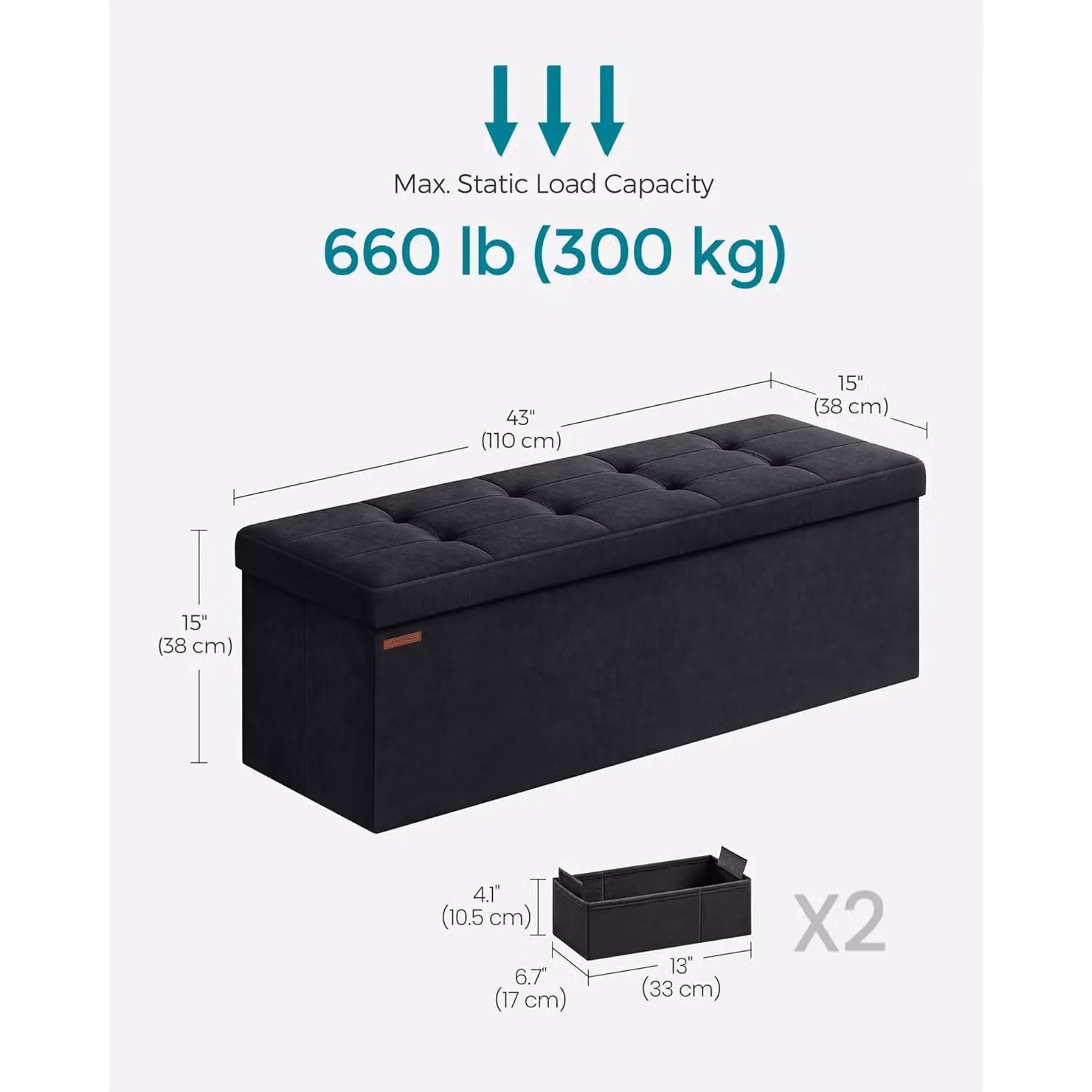 SONGMICS Extra Large Foldable Storage Ottoman Cube Heavy Duty Velvet Bench in Black – 2