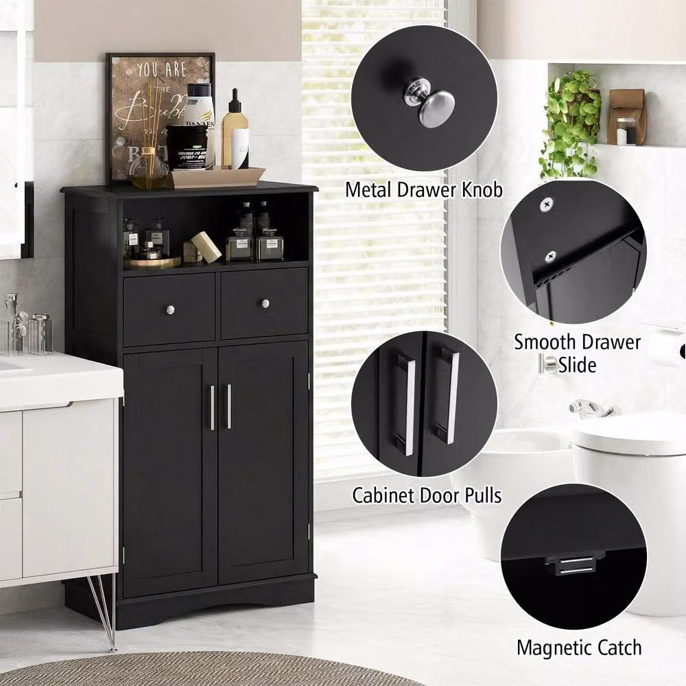 Gymax Black Matt Freestanding 2-Door Bathroom and Kitchen Storage Cabinet with Internal Shelves and Drawers – 5
