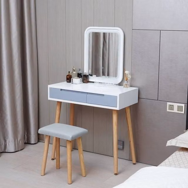 Kelvenix Modern White Lacquered Wood Rectangular Dressing Table Vanity Set with Hollywood LED Mirror – 1