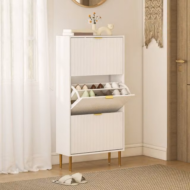 HOMCOM Slim Shoe Storage Cabinet with 2 Flip Drawers in White