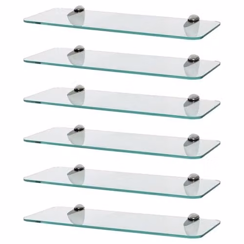 Harbour Housewares Set of 6 Modern Wall-Mounted Glass Bathroom Shelves in Silver and Transparent, W: 40 cm, D: 13 cm, H: 0.5 cm
