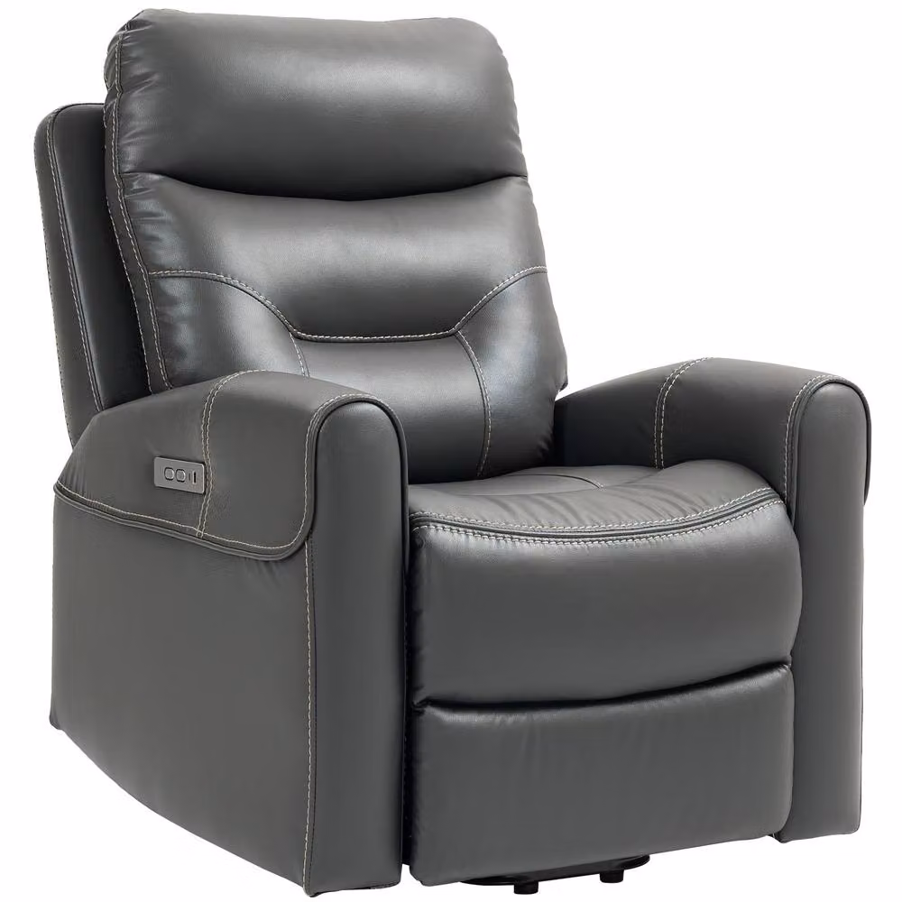 STILVORA Grey Synthetic Leather Recliner Armchair with USB Ports and Footrest – 4