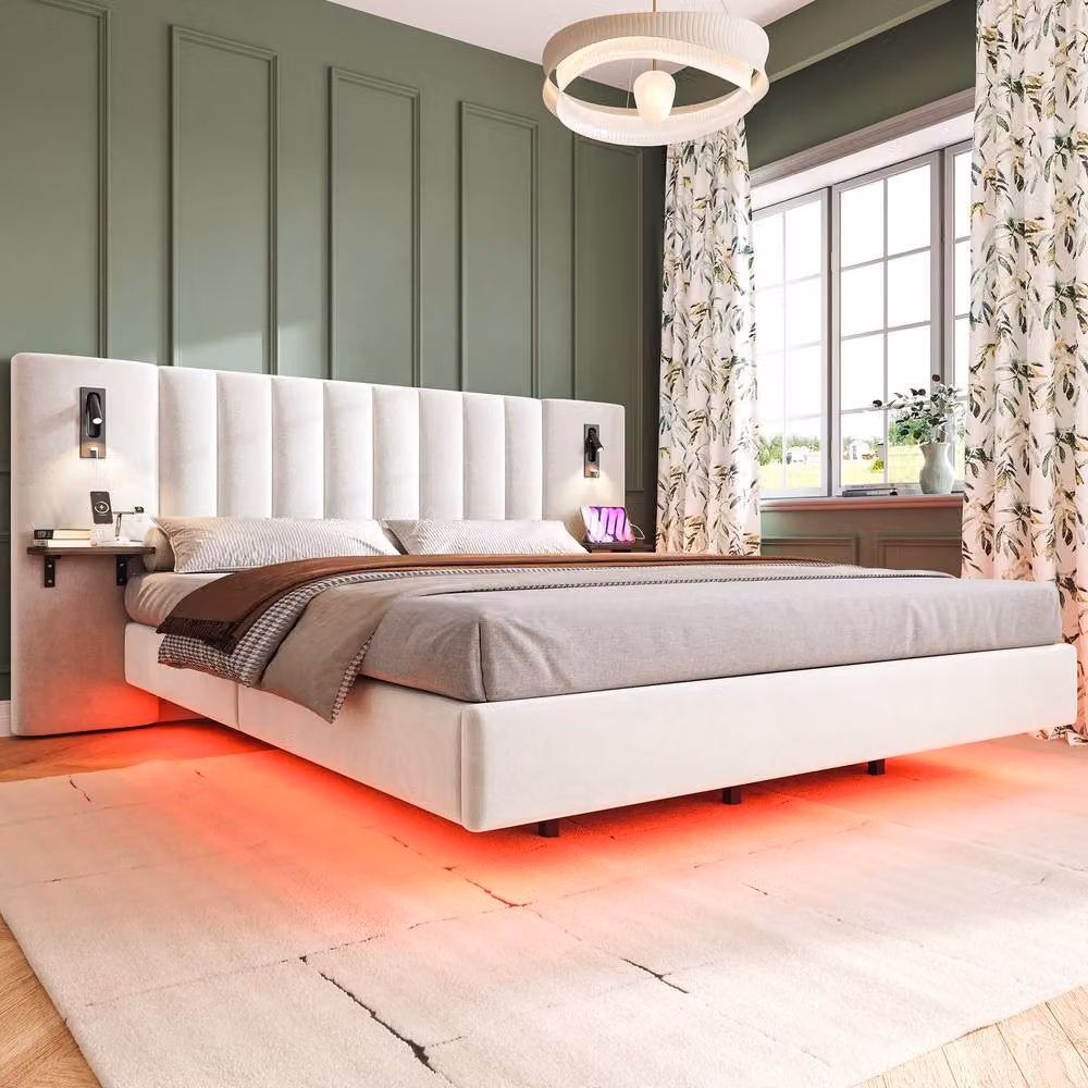 ModernLuxe White Velvet Upholstered King Bed with LED Lighting, USB Charging Ports and Storage Headboard W/D/H: 150 x 200 x 103 cm – 6