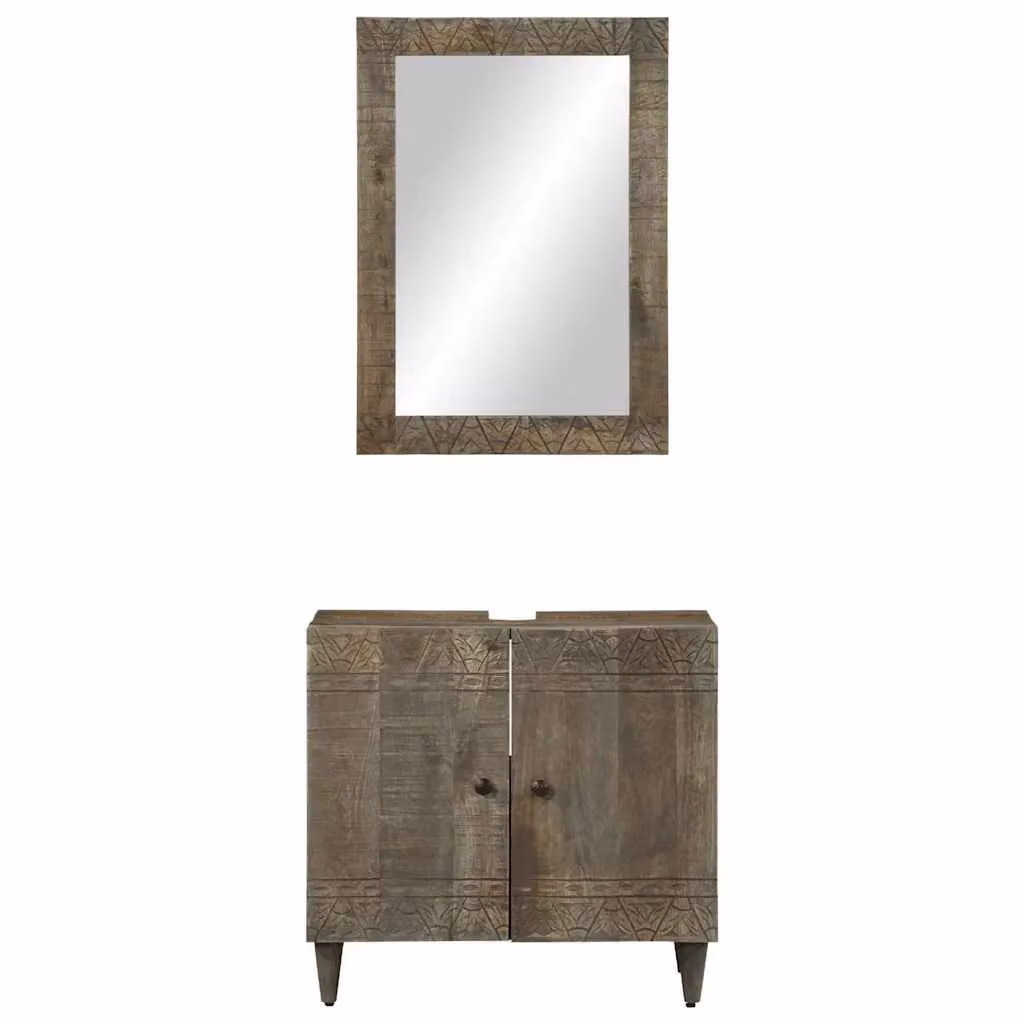 Berkfield Home 2 Piece Black Mango Wood Bathroom Furniture Set with Vanity Unit and Mirror Cabinet – 2