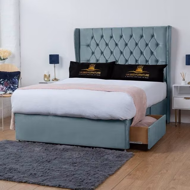 UK Bed Furniture Mary Wingback Divan Bed with 2 Drawers and 54 Inch Headboard in Light Blue Velvet, Super King, W/D/H: 200 x 167.66 x 137.16 cm