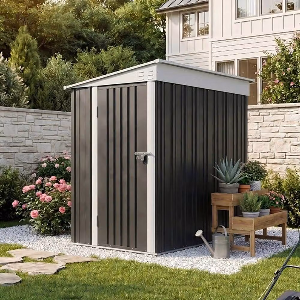 NESTLUNE Grey Galvanised Steel Lean-to Garden Shed Outdoor Storage – 4