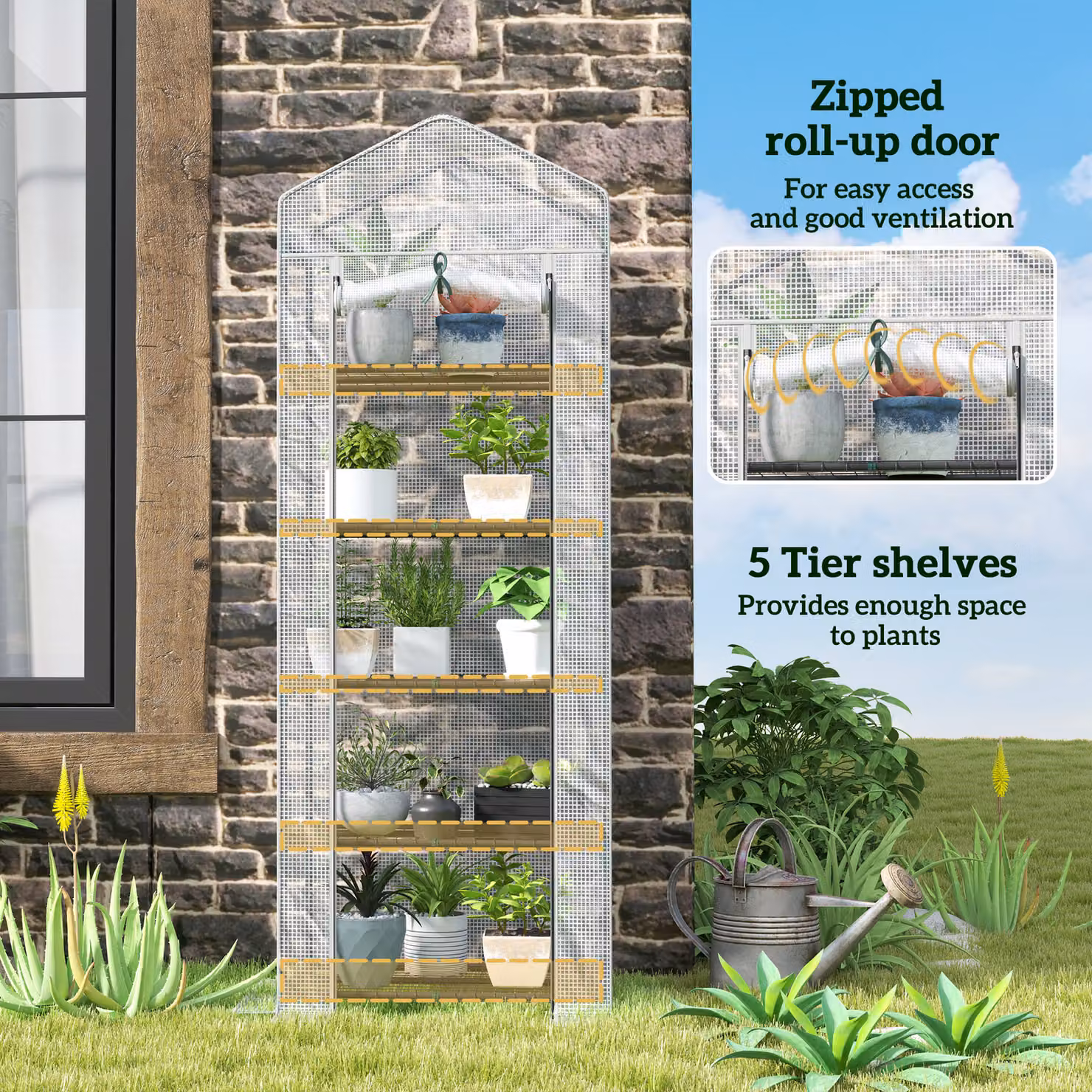 Outsunny Five Shelf Mini Freestanding Greenhouse with Roller Shelving, White, H 193 x W 69 x D 69 cm – 3