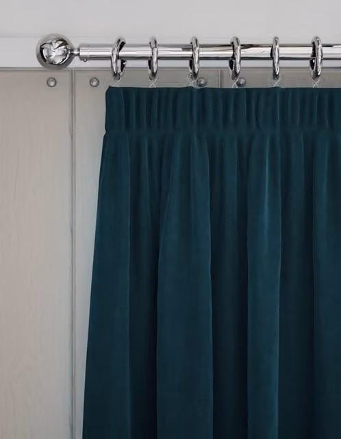 M&S Petrol Blue Velvet Thermal Insulating Pencil Pleat Curtains