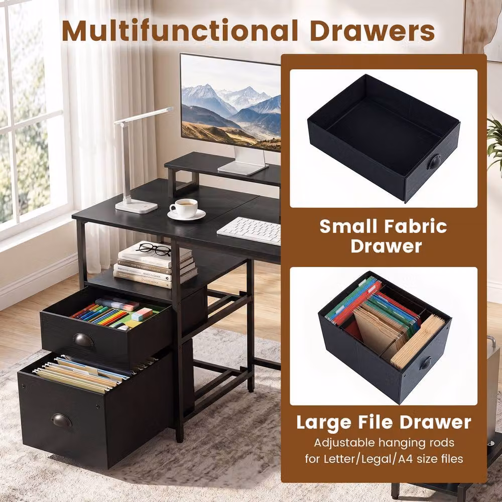 Costway Modern Black Computer Desk with Power Outlets and 2 Monitor Shelves – 6