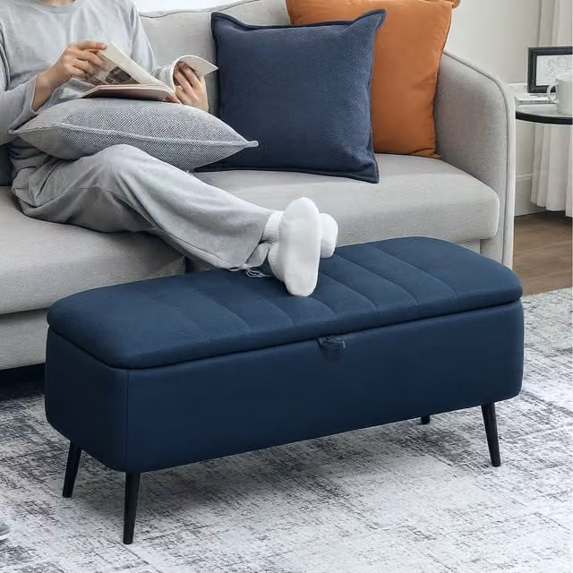 HOMCOM Rectangular Upholstered Storage Ottoman Bench with Flip Top in Dark Blue