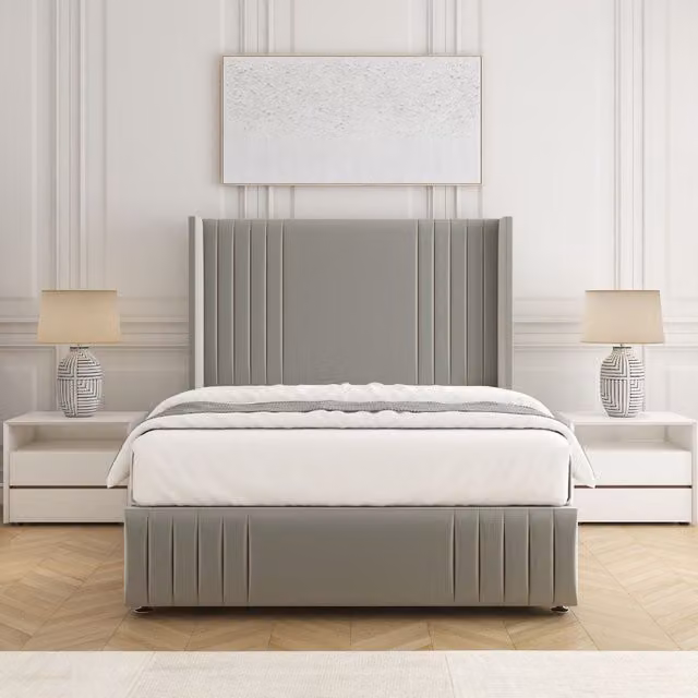 BSSPOKE Peyton Divan Bed Set with Headboard and Mattress in Silver Plush Velvet, Small Double, W/D/H: 120 x 200 cm