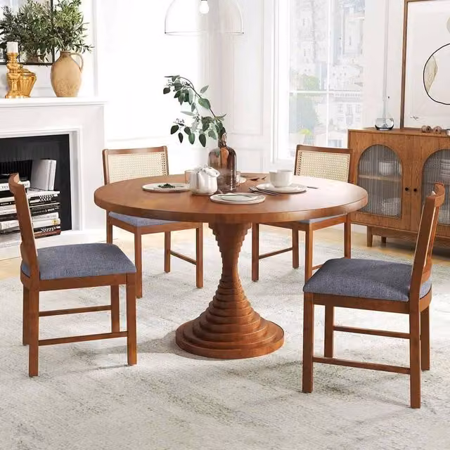 FORGEVIO Mid-Century Wooden Upholstered Kitchen Chairs in Brown Linen Fabric – 1
