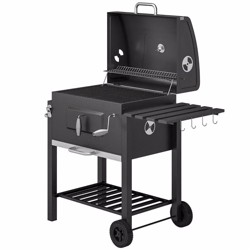 Rolipo Charcoal Grill with Height-Adjustable Coal Pan, Warming Rack and Thermometer, Black – 2