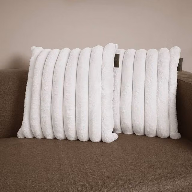 rucomfy Ribbed Faux Fur Square Cushion in Ivory, W/D/H: 45 x 45 x 45 cm