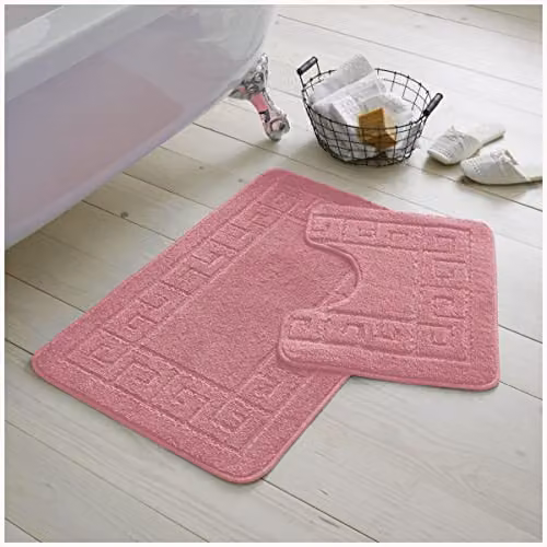 GC Gaveno Cavailia 2 Piece Non-Slip Memory Foam Bath Mat and WC Pedestal Mat Set, Pink, W: 75 cm, D: 50 cm, H: 2 cm – 1