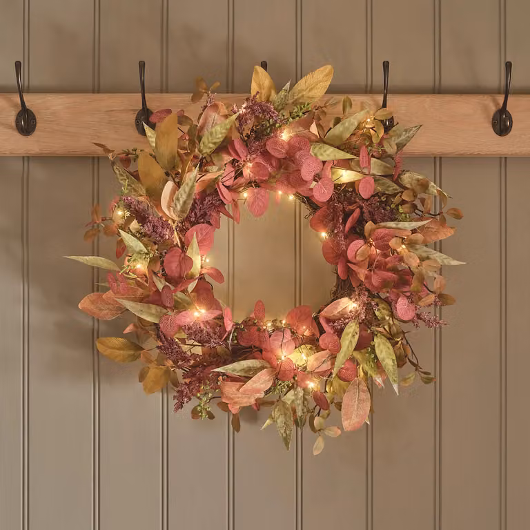Lights4fun Pre Lit Autumn Winter Floral Wreath in Green and Multicolour, Diameter: 50 cm