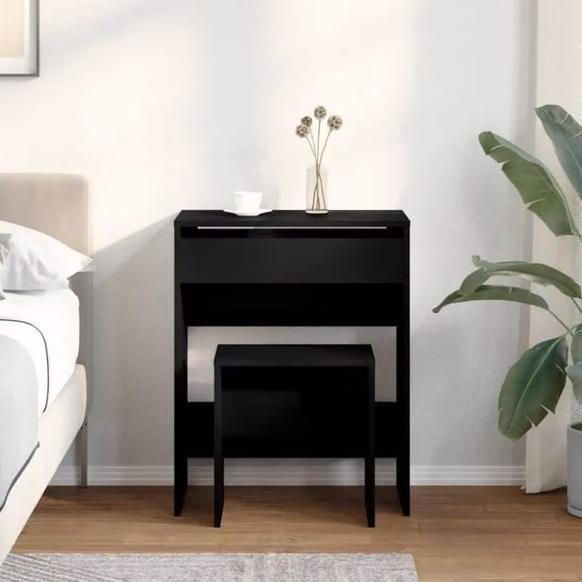 Berkfield Home Beautiful Modern Black Dressing Table and Stool Set, W/D/H: 60 x 40 x 113.5 cm