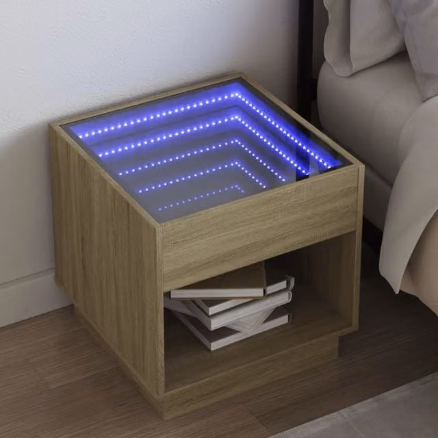 Berkfield Home Infinity LED Bedside Table in Sonoma Oak Brown with Mirror Top, W/D/H: 50 x 50 x 50 cm – 1