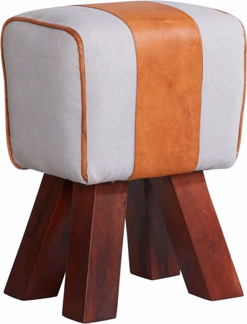 IH Design Mid-Century Cube Stool with Wood Frame and Canvas and Leather Seat in Multicolour and Brown