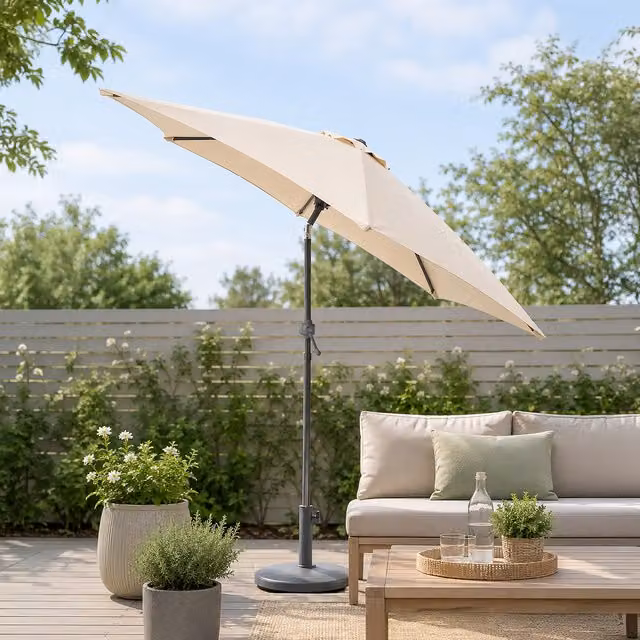 Garden Mile 2m Tilt Garden Parasol in Beige with Steel Frame and Polyester Canopy, H 210 cm x W 200 cm x D 200 cm