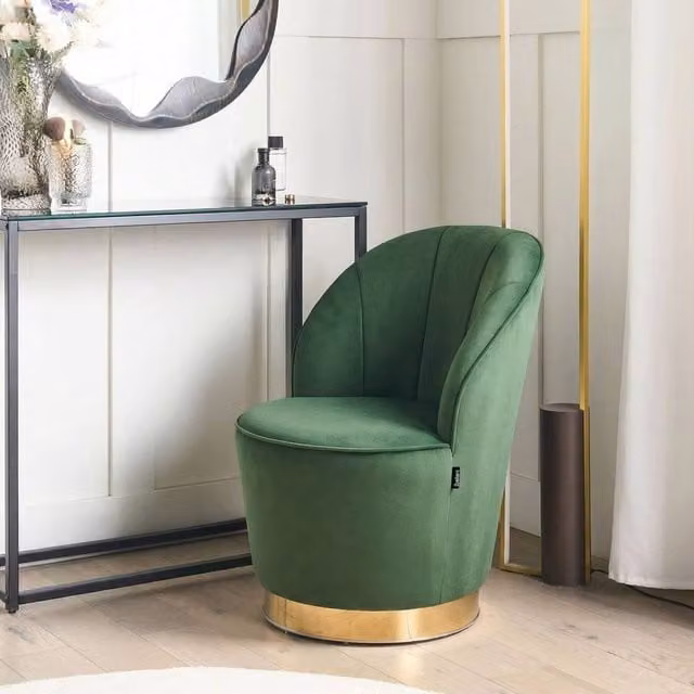 Wyld and Coco Green Velvet Round Tub Armchair with Gold Metal Base