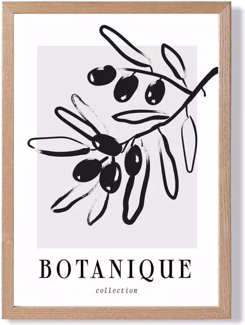 ARTZE Grey and Black Olive Boho Sketch Floral Framed Print with Oak Wood Frame, A2