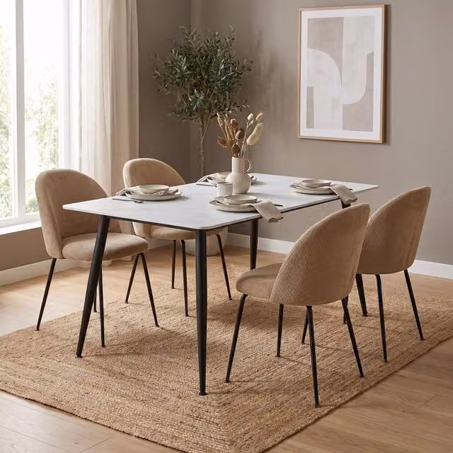 FWStyle White Sintered Stone 5 Piece Dining Set with Upholstered Chairs