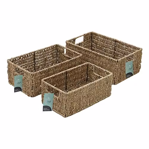 JVL Set of 3 Open Weave Seagrass and Metal Rectangular Storage Baskets in Beige and Sand – 1