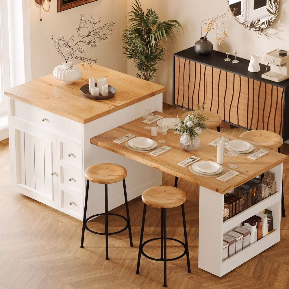 Matteo Extendable Mobile Kitchen Island Counter in White Wood Effect – 3