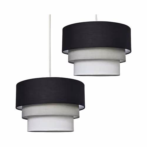 MiniSun Set of 2 Round Modern 3 Tier Fabric Ceiling Pendant Light Shades in Black, Grey and White, Shade Width: 30 cm – 1
