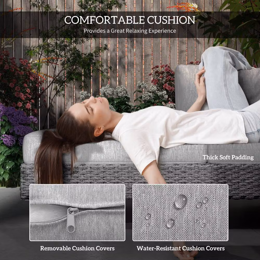 OUTSUNNY 3-Piece L-Shape Rattan Wicker Garden Sofa Set with Coffee Table and Cushions in Grey – 4