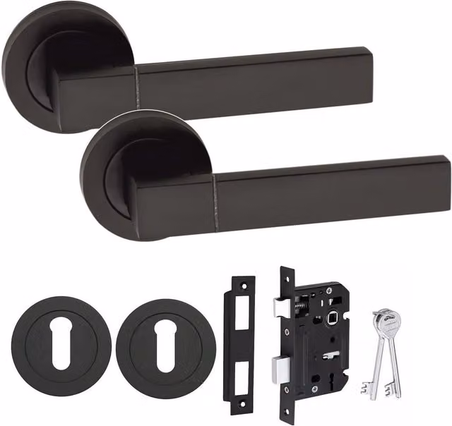 Golden Grace Matt Black Key Lock Door Handle on Round Rose Set
