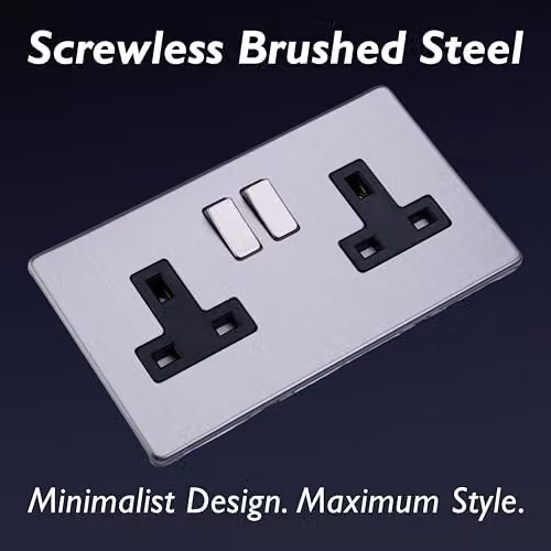 Varilight Double Switched Plug Socket, Brushed Steel with Black Insert, Grey, H x W x D: 86 x 147 x 32 mm – 3