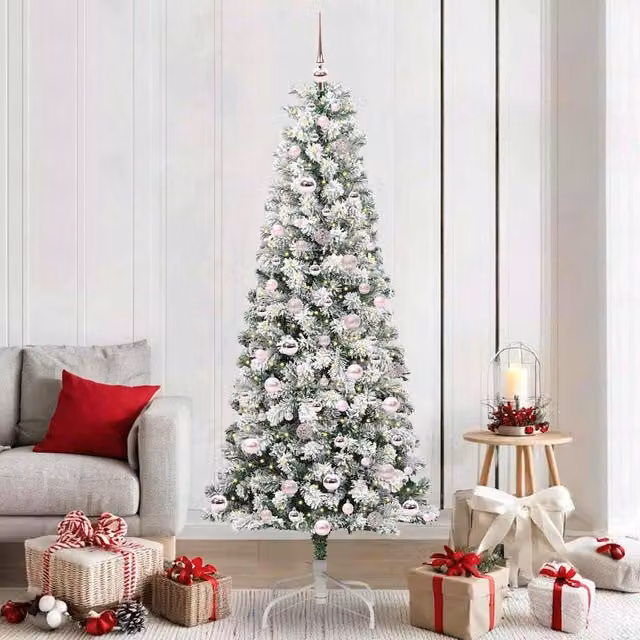 Berkfield Home Artificial Hinged Christmas Tree in Green and White, Height: 210 cm