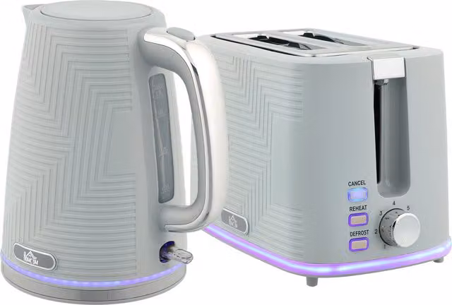 HOMCOM Modern Kettle and Toaster Set in Grey with Auto Shut-off and Limescale Filter