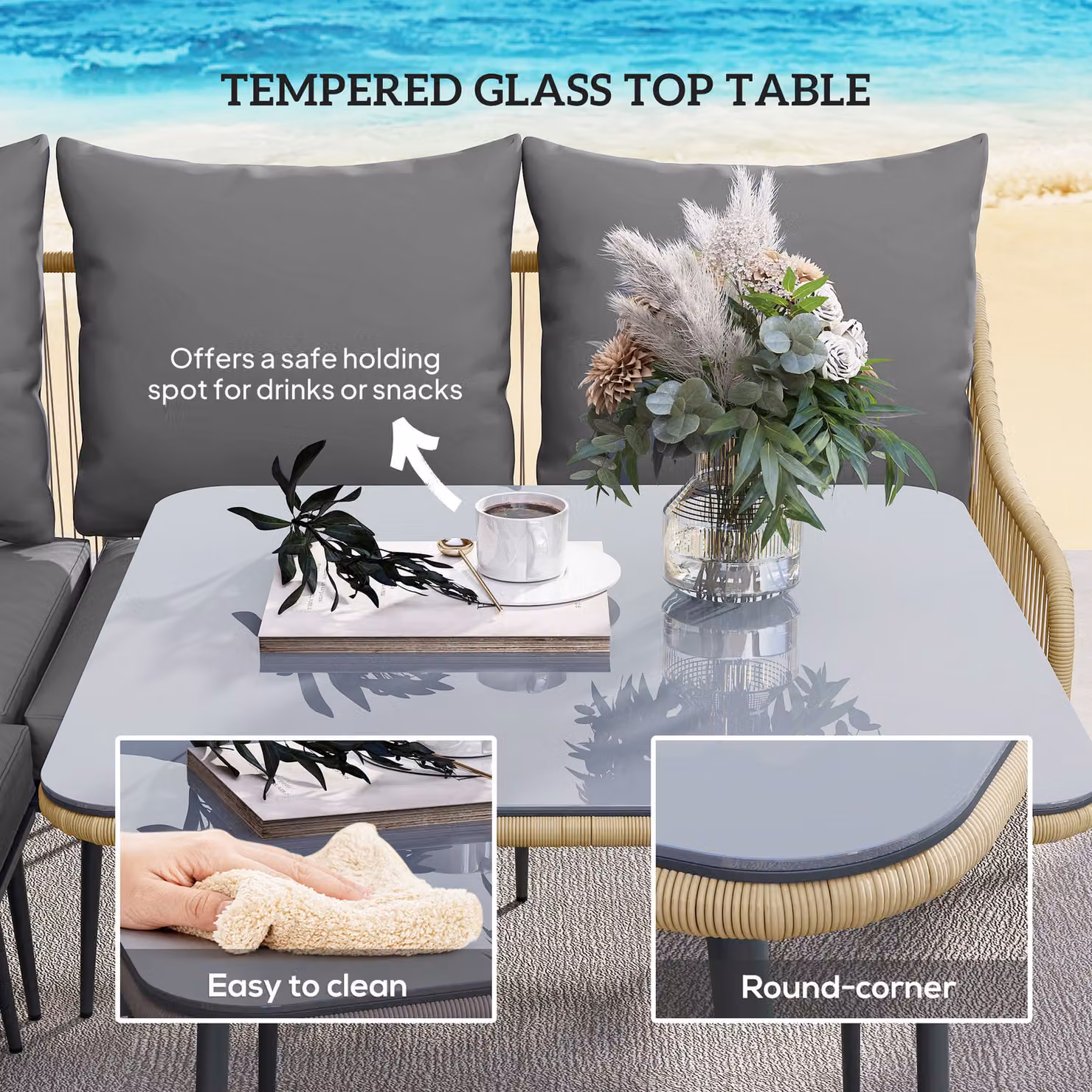 Outsunny 6 Piece L-Shape Garden Furniture Set with Corner Sofa, Ottoman, Coffee Table and Grey Cushions in Light Brown – 6