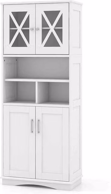 FORGEVIO Tall White Bathroom Floor Storage Cabinet with Glass Doors and Internal Shelves – 1