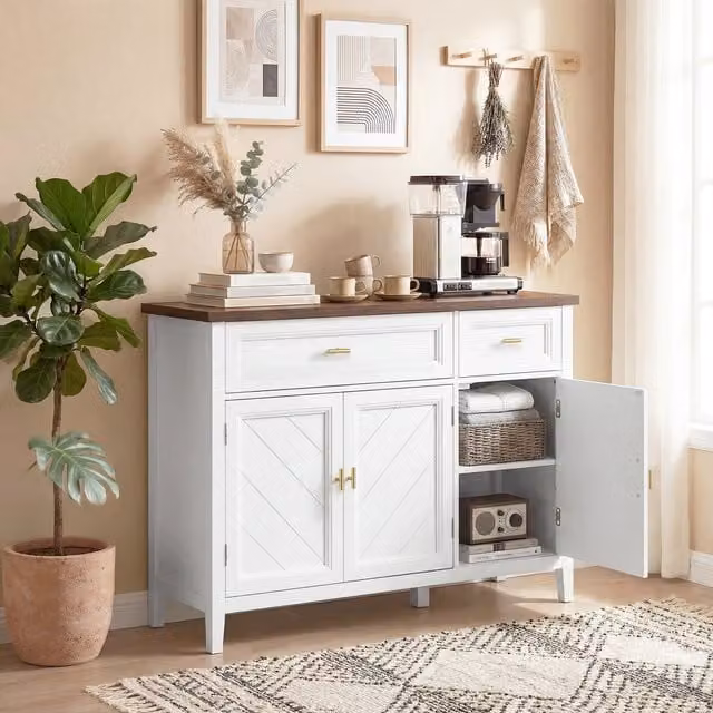 HOMCOM Modern Sideboard with Drawers and Adjustable Shelves in White and Brown Wood Effect