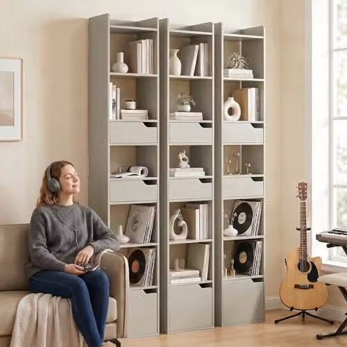 HOMCOM 5-Tier Modern Bookcase with Drawers and Cabinet in Grey, H 181.5 x W 76.7 x D 32 cm – 4