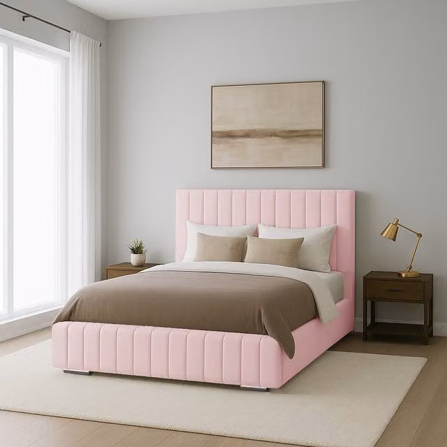 Desire Deco Ammara Upholstered Velvet Bed Frame, Pink, 200 x 200 cm