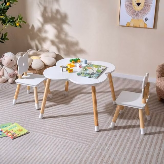 Costway Flower-shaped Wooden Kids Table and Chairs Set in White