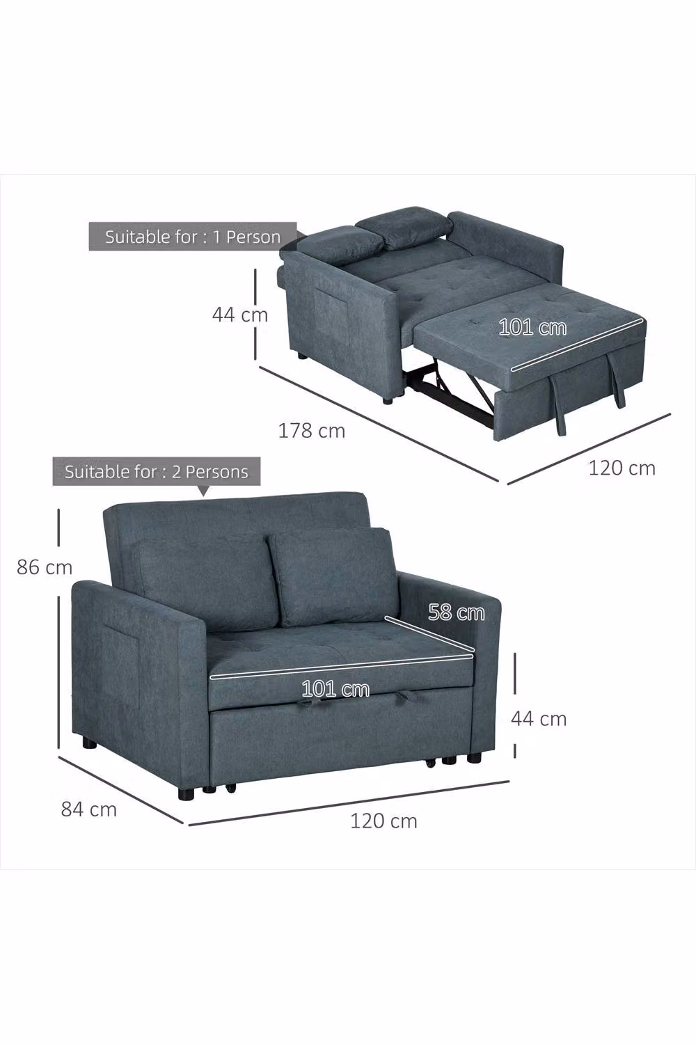 ERGOVEXA Charcoal Grey Loveseat Sofa Bed with Pull Out Drawer and Scatter Cushions – 2