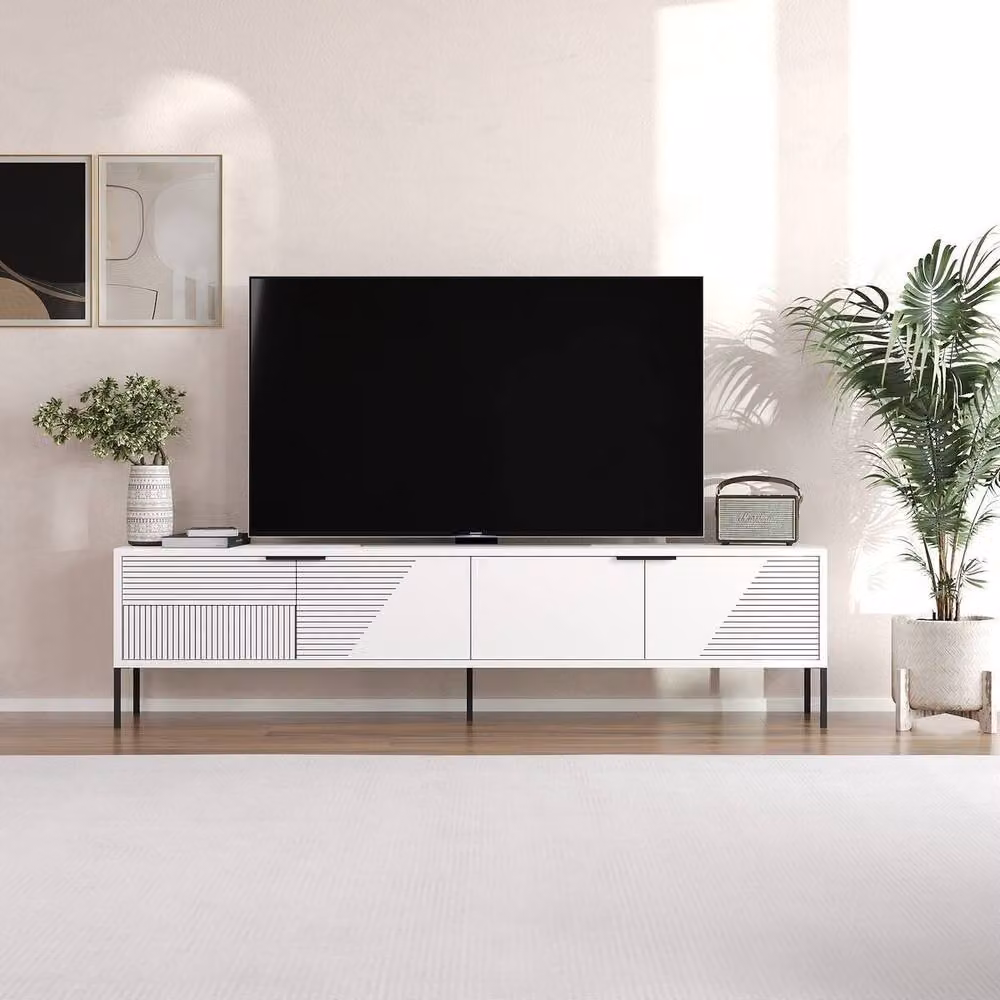 Calicosy TV Stand on Legs with 2 Grooved Drop-Down Doors, White and Gold, W: 180 cm, H: 45 cm, D: 30 cm – 2