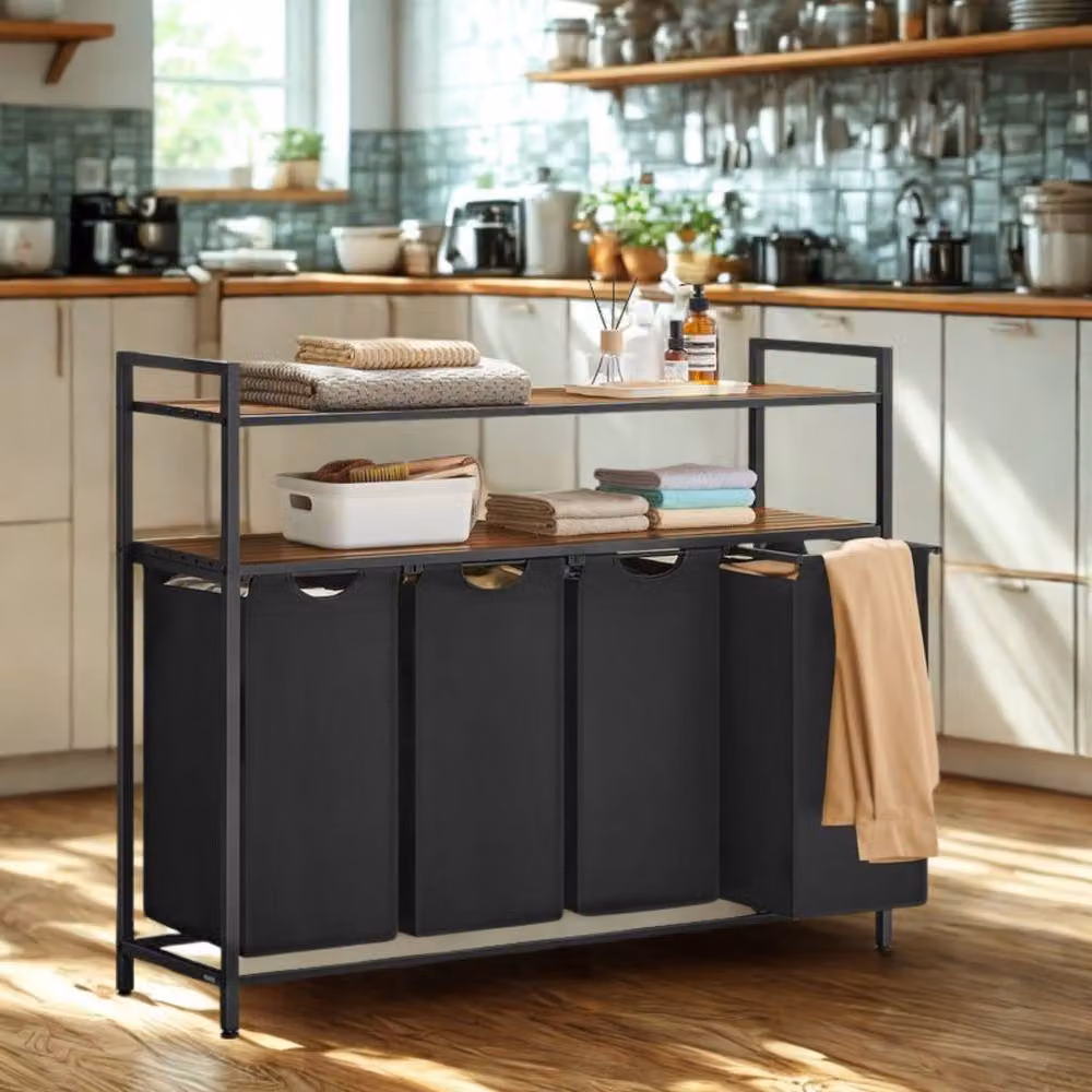 Pirlo Plush Large Wide Industrial 4 Compartment Laundry Basket with Shelves in Brown – 2