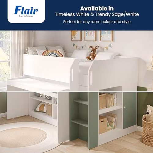 Flair Furnishings Kids Mid Sleeper Cabin Bed in White with Desk, Staircase, and Integrated Shelves – 3