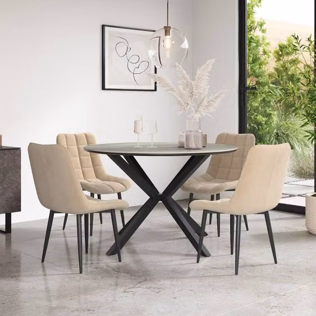 More4Homes Calne Round Ceramic Dining Table in Light Grey with 6 Nova Velvet Chairs in Beige, Diameter: 120 cm, Height: 75 cm