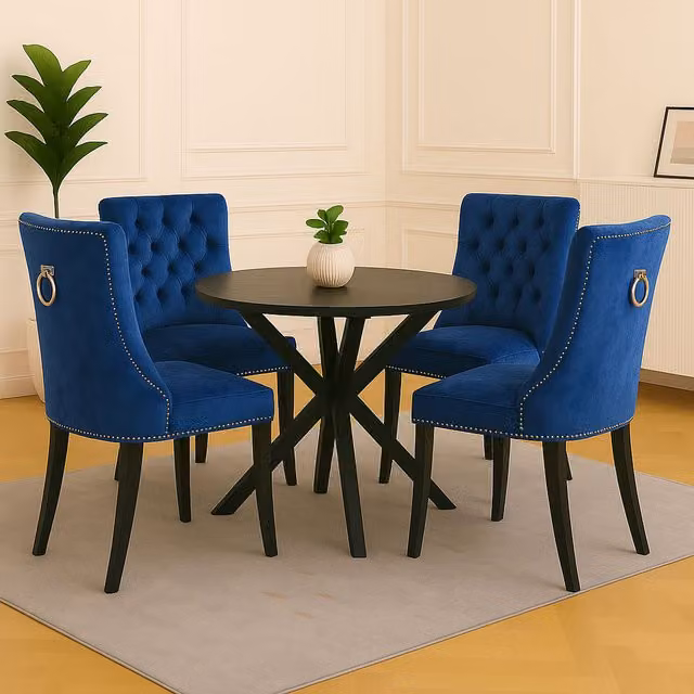Neo Set of Four Blue Velvet Dining Chairs with Studded Detail and Ring Knocker and Wood Legs